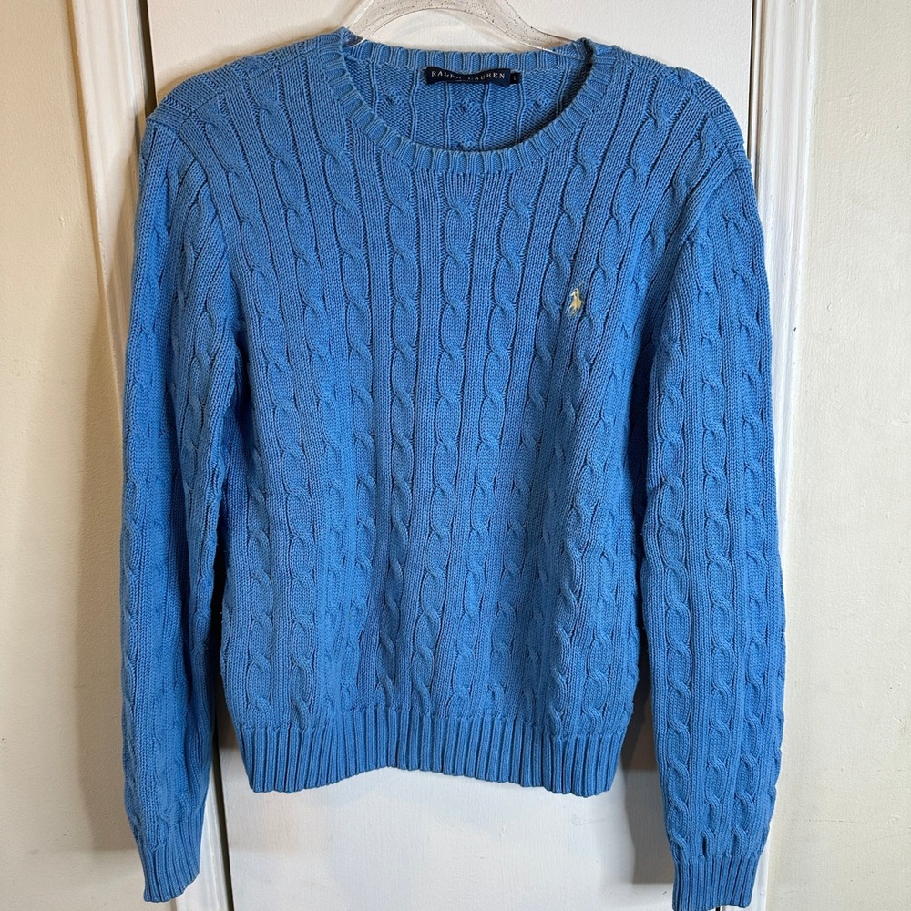 Ralph Lauren Women Blue Cable Knit Cotton Crewneck Sweater Large Pony Logo